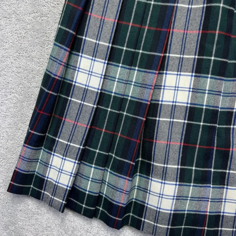 VINTAGE Breeches Midi Skirt Womens Size 14 Green White Tartan Wool Plaid Pleated